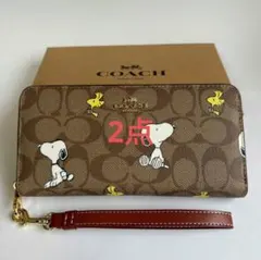 コーチ CE705 スヌーピー柄 長財布 シグネチャー ブラウン