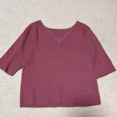 リリアンカラット　パール Vネックリブ編み　トップス　ピンクブラウン