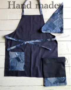 ハンドメイド　子供エプロン&三角巾&巾着3点紺パッチワークデニム風150