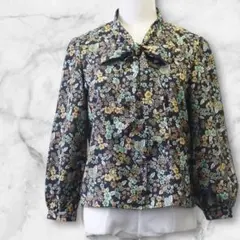 【バンドメイド？一点物】レトロブラウス　ボウタイブラウス　黒　緑　花柄　九分袖