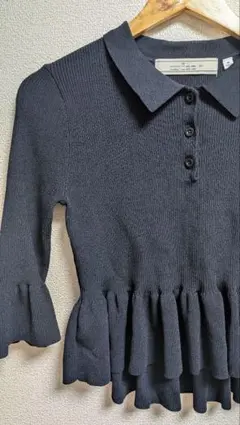 値下げ！GU rokh ネイビー リブポロセーター　七分袖　M春服フリルペプラム