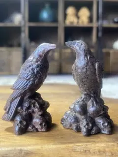 黒檀木彫り 狛犬（狛狐／狼） 置物 2体（一対）セット 5cm 民芸品