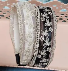 クラシカル刺繍入りレースフリルカチューシャ2個セット　白黒ゴールド