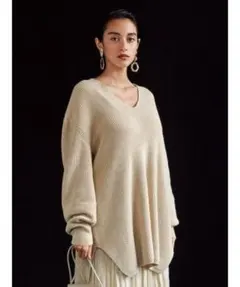 ミラオーウェン　カシミヤ混　深Vロングニットトップス　レディース　オリーブ　長袖