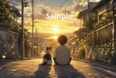 夕暮れの坂道と猫 デジタルアート イラスト