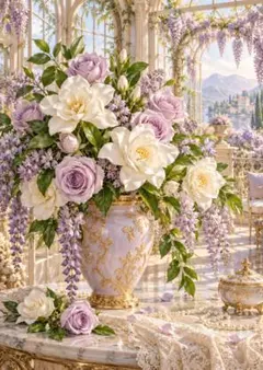 アートポスター 薔薇 藤の花 花瓶 湖畔 風景画 インテリア