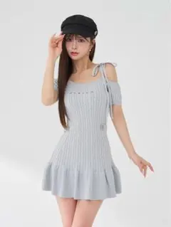 darich ダーリッチ　ロゴケーブルワンショルニットミニワンピース　SAX