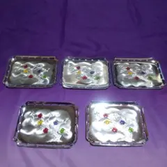 メタル製花柄銘々皿5枚セット 七宝焼