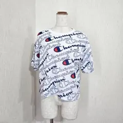 チャンピオン 半袖Tシャツ 総柄ロゴ ホワイト ブルー ビッグロゴ（M）