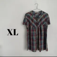 【レトロ】レッド・グリーンチェック柄 半袖チュニック 麻 古着