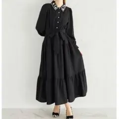 トッコクローゼット　ウエストリボン付きパールビジューティアードシャツワンピース