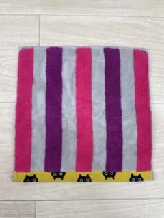 マタノアツコ タオルハンカチ 黒猫 ストライプ ピンク パープルのサムネイル