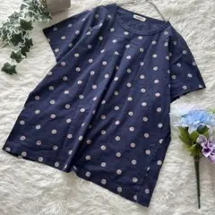 サマンサモスモス ꕤ フレンチスリーブカットソー ネイビー 総柄 ドット フリー