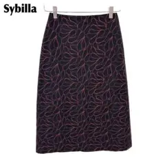 Sybilla 台形ウールタイトスカート M 黒×赤 花柄刺繍のサムネイル