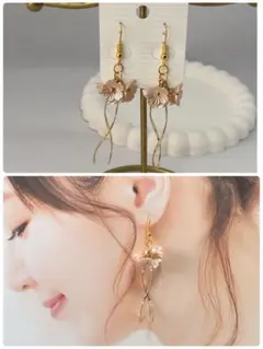 ハンドメイドピアス❤️くすみピンクフラワー×ひねりチャームピアス❤️フラワーピアス