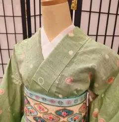 紬 袷 正絹 緑色 水玉模様 カジュアル 着物 和装 裄65