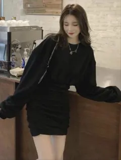 ギャザー ワンピ風トップス 韓国 細見え ミニ丈 ブラック