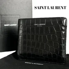 希少✨サンローラン 二つ折り財布 クロコ型押し ロゴ刻印 レザー ブラック