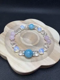 大粒ラリマー多面カット水晶 ムーンストーン ローズクォーツ 天然石ブレスレット