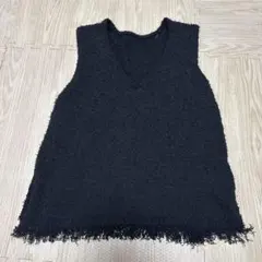 Vネック ニットベスト ブラック フリンジ
