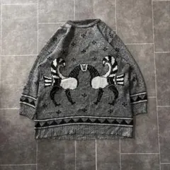 民族柄 ニット セーター 総柄 グレー 個性派 古着 Mサイズ エスニック柄