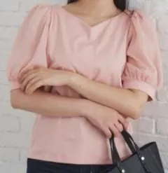 ピンク バルーンスリーブ Vネック 半袖トップス