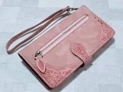 手帳型 iPhone14/13 用 ケース PUレザー 民族柄 花柄 ピンク