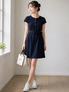 アニエスベー 黒 ワンピース ウエストリボン ひざ丈 日本製 Tシャツ