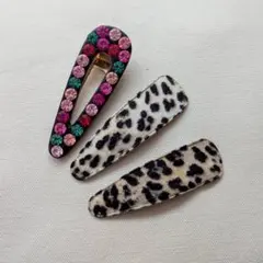ヘアクリップ 3点セット ヒョウ柄 ラインストーン パッチンピン