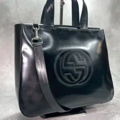 GUCCI 2Way ハンドバッグ パテントレザー インターロッキング ブラック