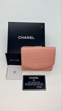 CHANELココマークキャビアスキン財布ウォレット古銭入れ札入れライトピンク系