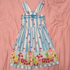 最終値下　シャーリーテンプル 130水色×白ストライプフルーツ柄ワンピース