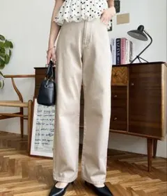 moment＋　デニム＆ツイルストレートパンツ　グレイッシュベージュ