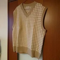 スタディオクリップ ベージュ チェック柄 ベスト Vネック フリーサイズ