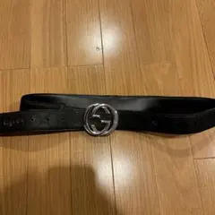 GUCCI ブラックレザー ベルト ダブルGバックル