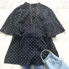 ビューティーアンドユース 半袖ブラウス ドット 黒 コットン混