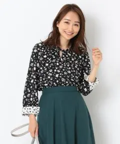 新品anysisタグ★MIX Pattern プリント 9分袖ブラウス黒系★Ｍ