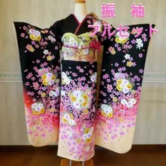 5035 振袖フルセット 草履バッグストール付　黒正絹 成人式結婚式卒業式