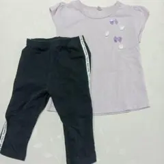 薄紫色リボン刺繍Tシャツと黒パンツセット 100cm