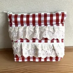 2段ギャザーレースの移動ポケット　赤ギンガムチェックのサムネイル