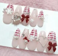 ネイル チップ 赤 ツイード 冬 量産型 フレンチガーリー ワンホン 現品