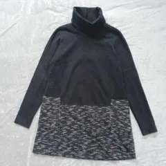 タートルネック ニットチュニック ダークグレー 韓国製 異素材 ドッキング L