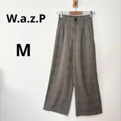 美品 ワザップ M グレー チェック柄 グレンチェック ワイドパンツ