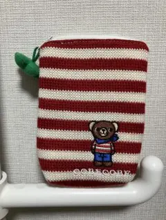 クマ刺繍のストライプポーチ