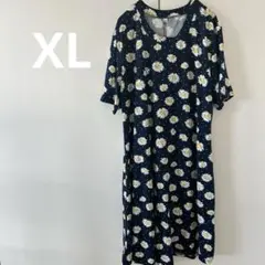 ワンピース XL ネイビー 花柄 半袖 レディース ゆったり ひざ丈