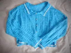 青いレース編みショートカーディガン