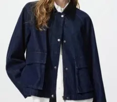 ネイビーデニムジャケット コーデュロイ襟付き