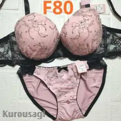 F80 L 新品未使用 ブラショーツセット10604 ピンク×黒 脇高 花柄刺繍