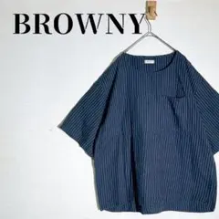 BROWNY　パネル切替プルオーバーシャツ　ブルーストライプ　ビッグシルエットのサムネイル