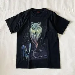 狼 ウルフ アニマルTシャツ 両面プリント グラフィックTシャツ 黒 M